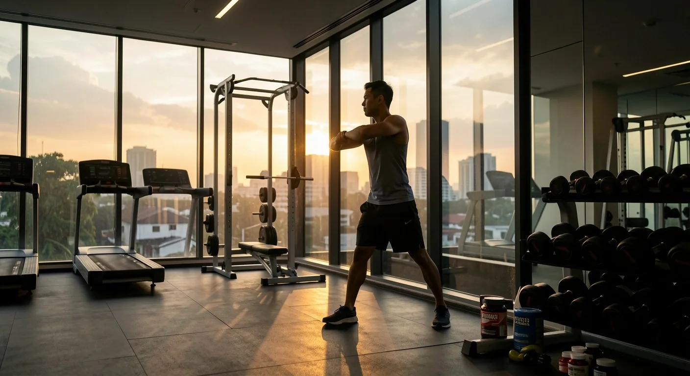 Pria berolahraga di gym pada pagi hari dengan pencahayaan dramatis
