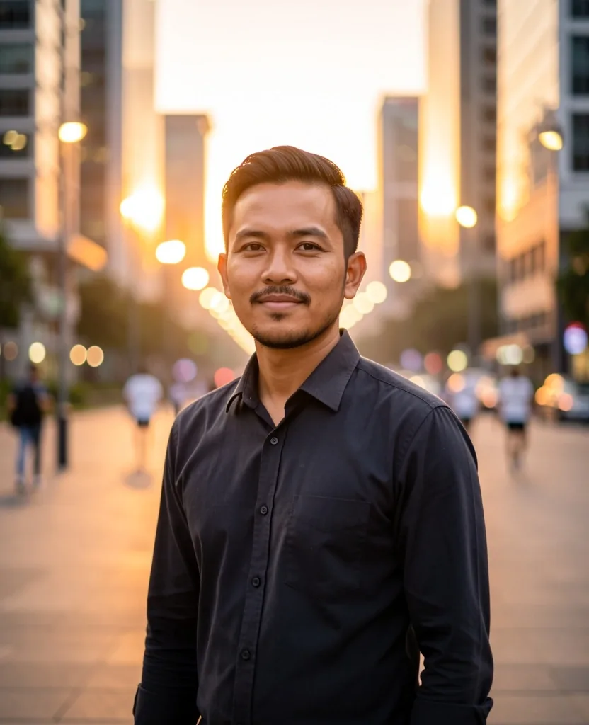 Pria dewasa Indonesia dengan ekspresi percaya diri di lingkungan perkotaan