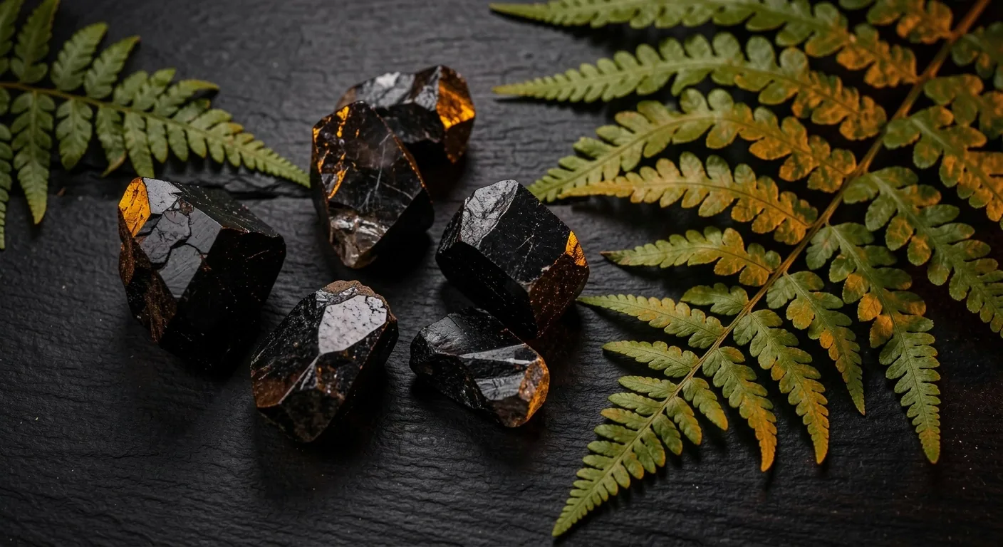 Tekstur mineral gelap dengan elemen botani hijau