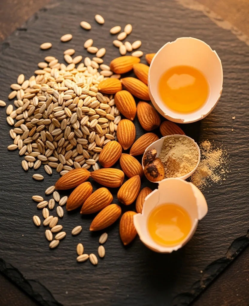 Sumber makanan alami vitamin B-kompleks di atas permukaan gelap
