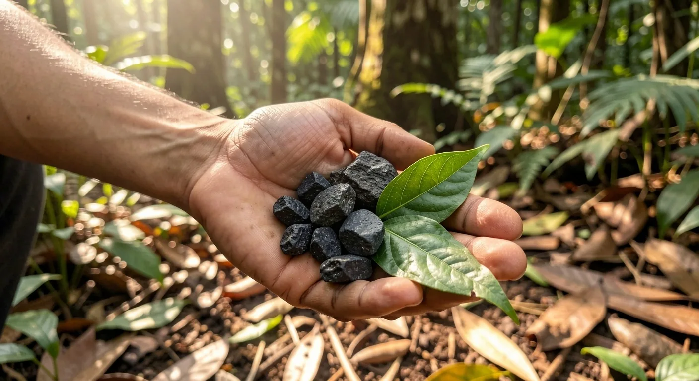 Tekstur mineral vulkanik dan dedaunan hijau tropis sebagai representasi nutrisi alami
